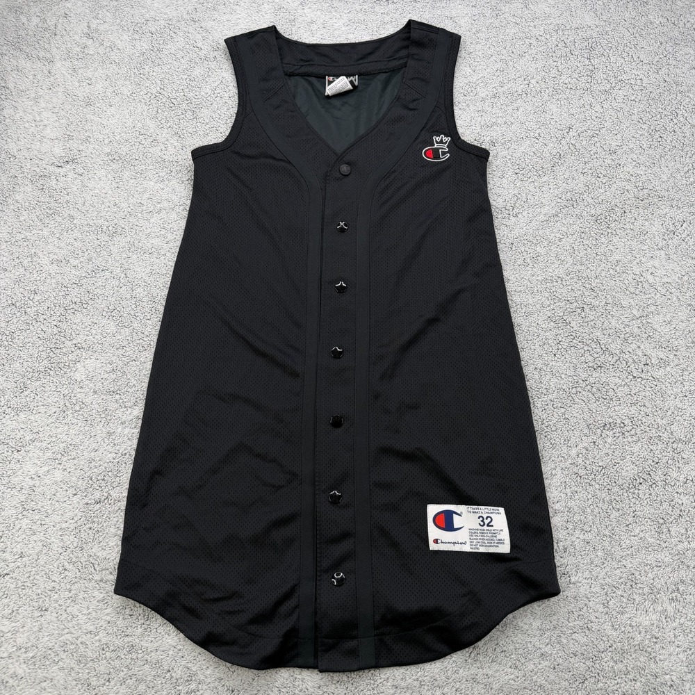 Champion Jersey Dress Women XS Black Mesh Snap Front Sleeveless Y2K Baseball Mom